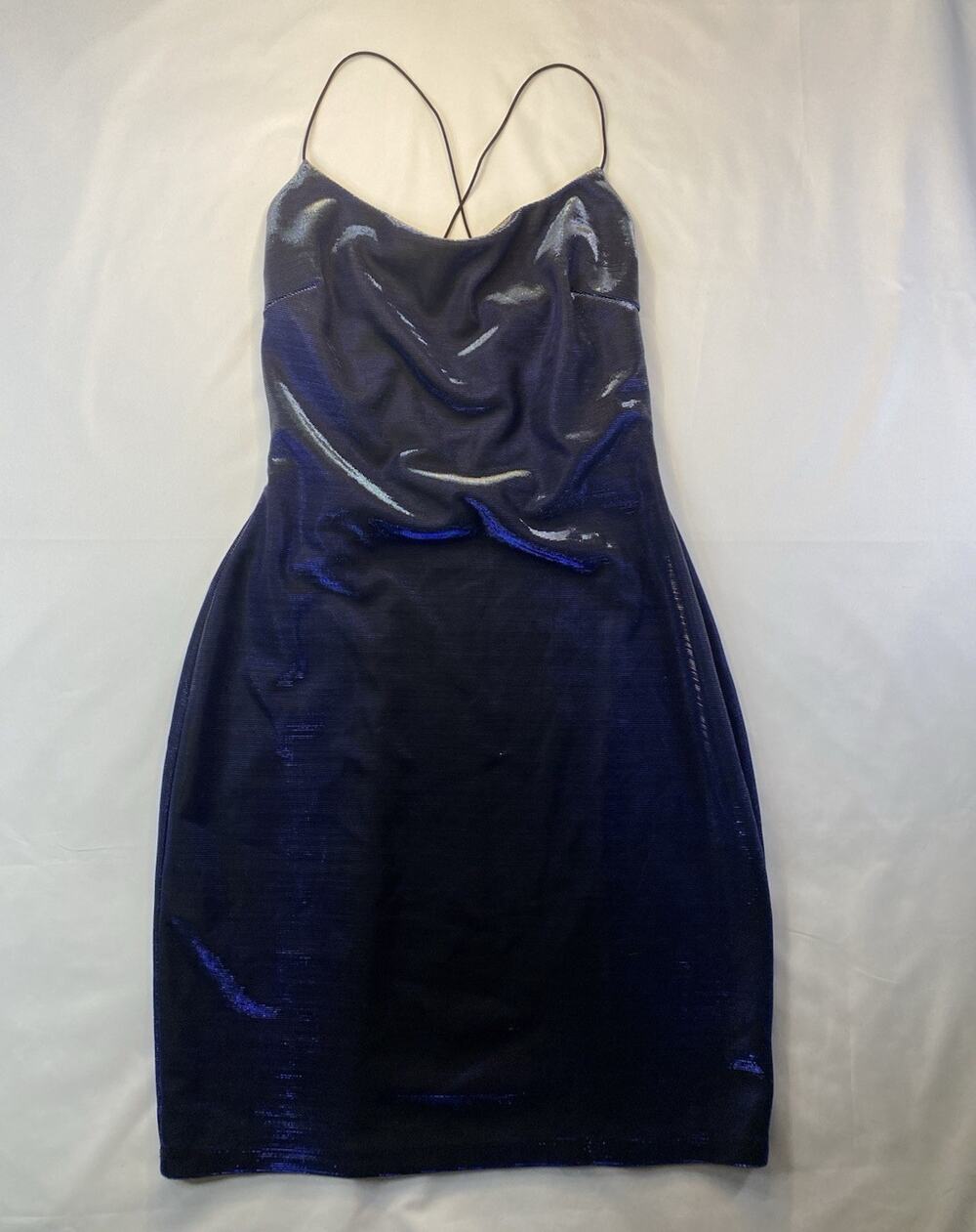 Blue Black Sheath Dress Cowl Neck Spaghetti Strap Solid Knee Length Size L